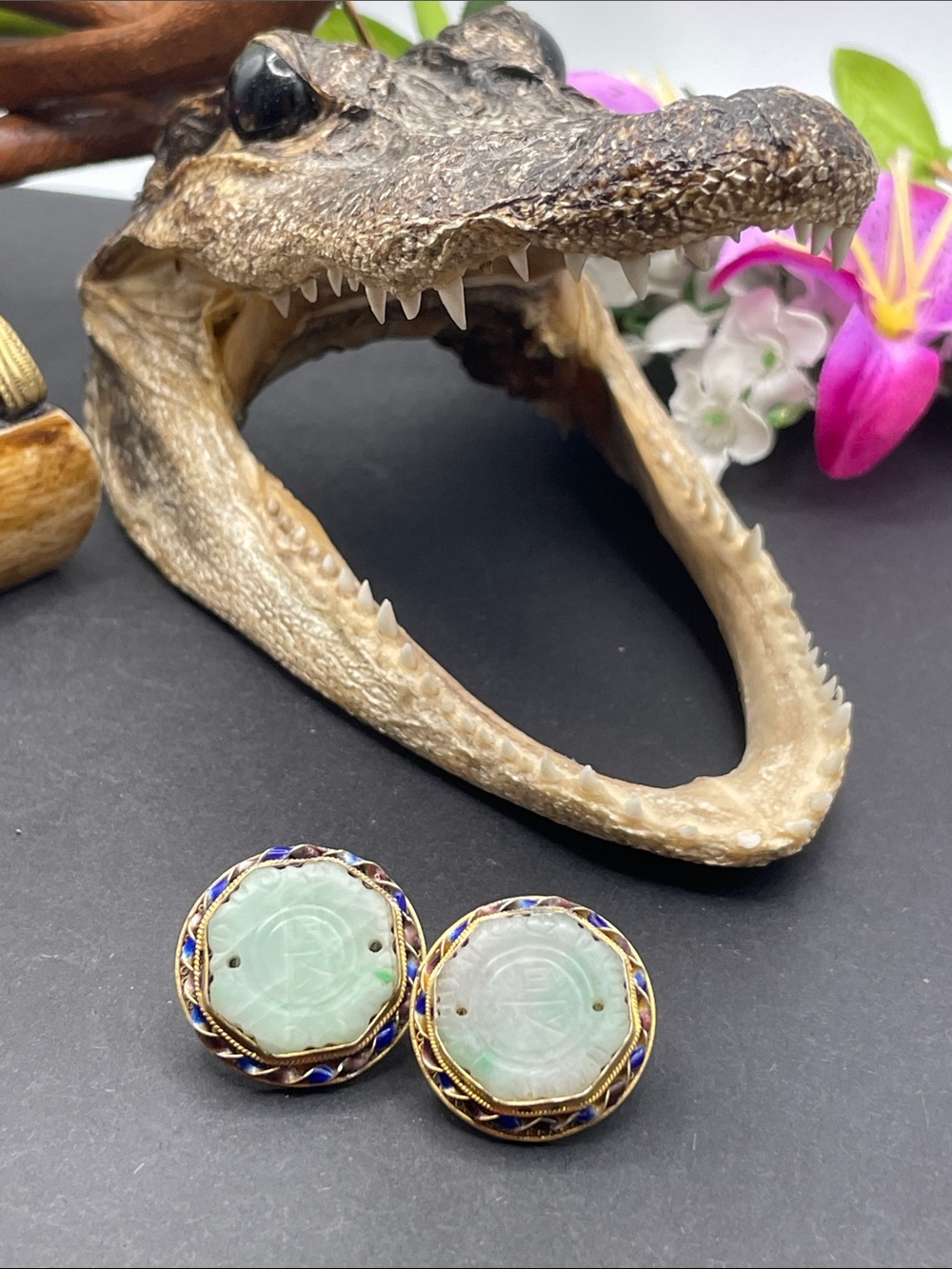 Antique silver filigree and enamel pierced earrings